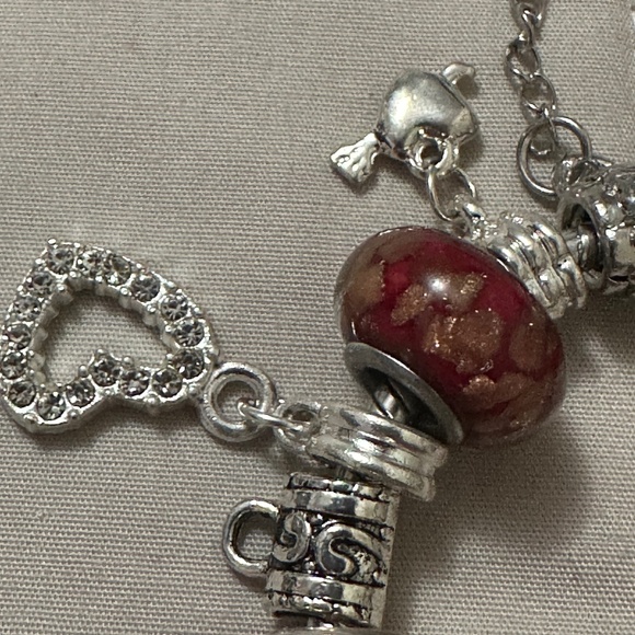 Handmade-NWOT-925 SS plated charm bracelet. Red lamp work beads variety charms - Picture 4 of 12